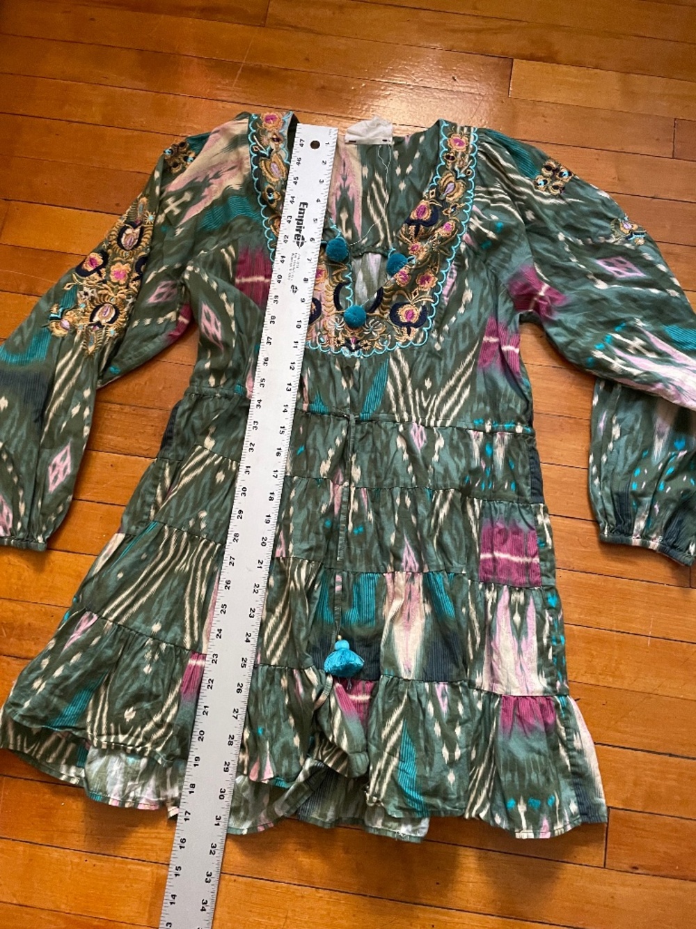 Figue Embroidered Boho Mini Dress Sz S Green Ikat Tassel Tunic Summer Festival